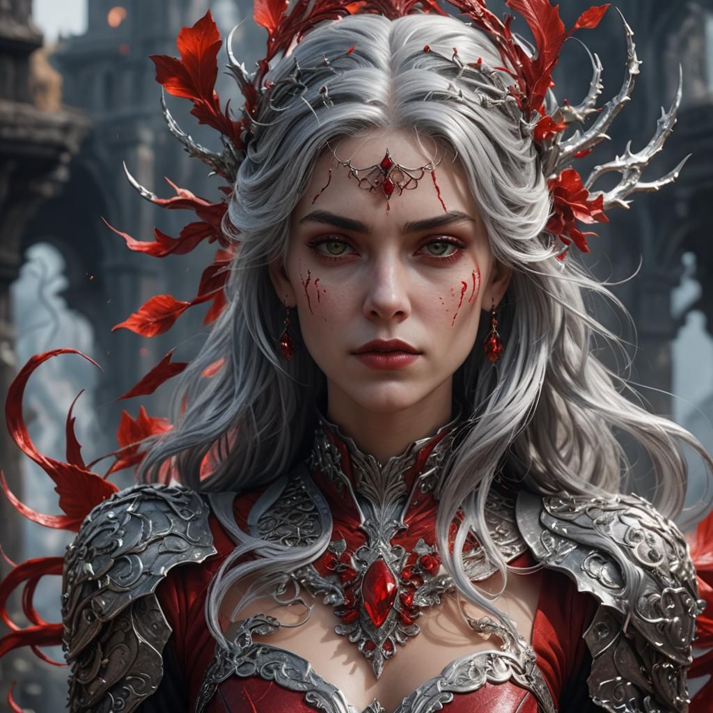 Silver hair red lady