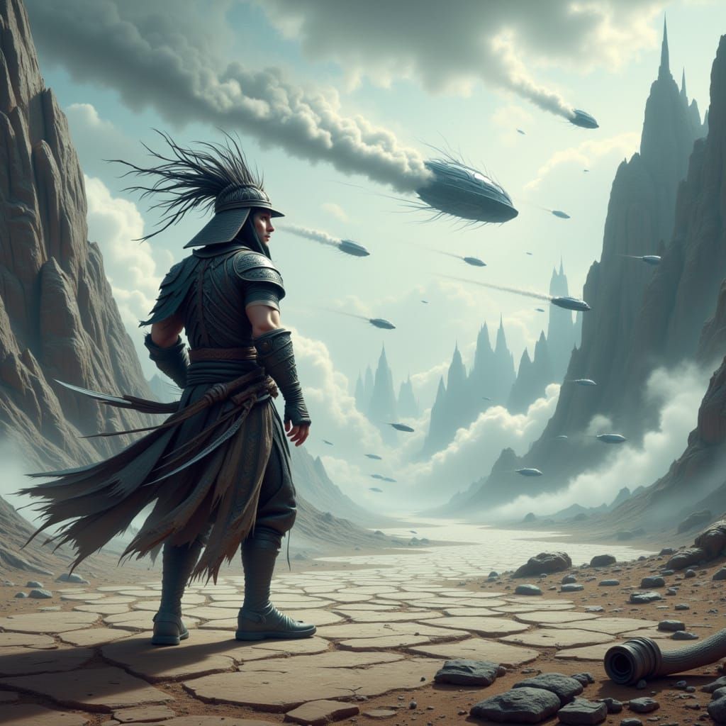 Splash art. A solitary samurai warrior stands on a desolate, post-apocalyptic Earth, gazing up at a sky filled with alien spacecraft. The gr...