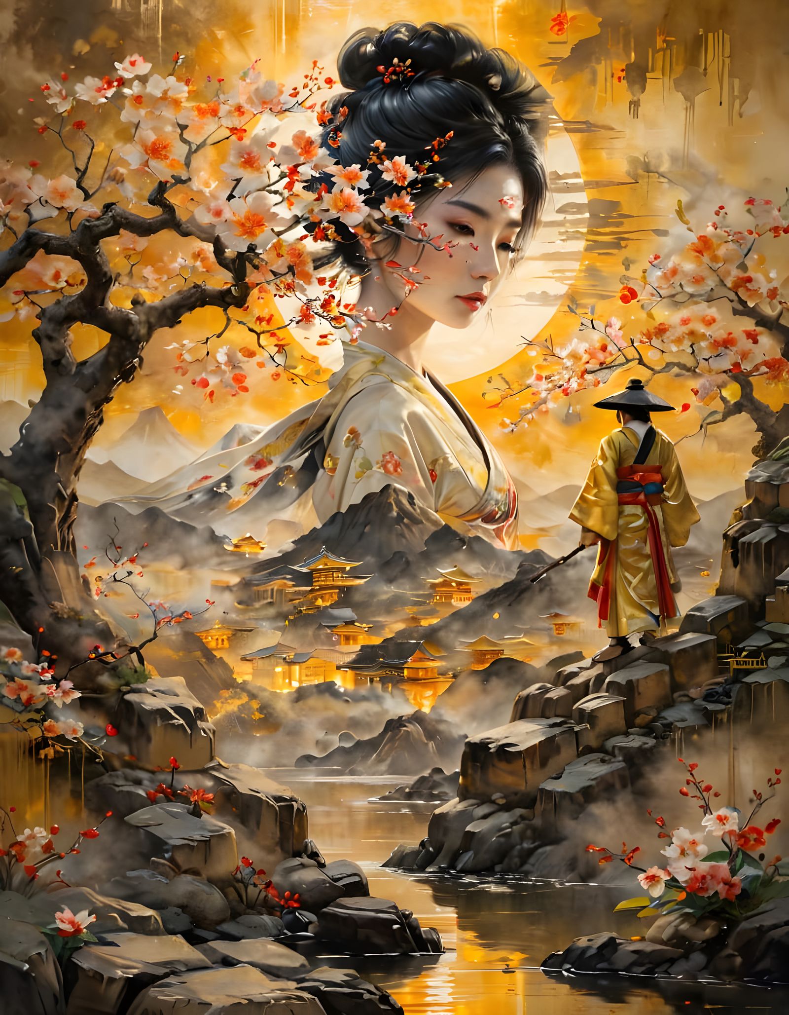 A delicate Japanese watercolour painting double exposure depicting a serene temple scene with soft, feathery ...  by @Fi