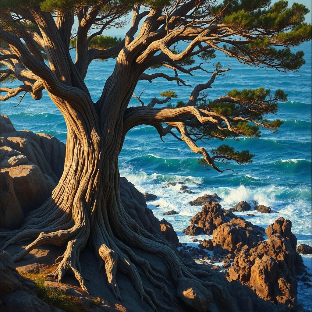 old cedar on a steep cliff above the sea