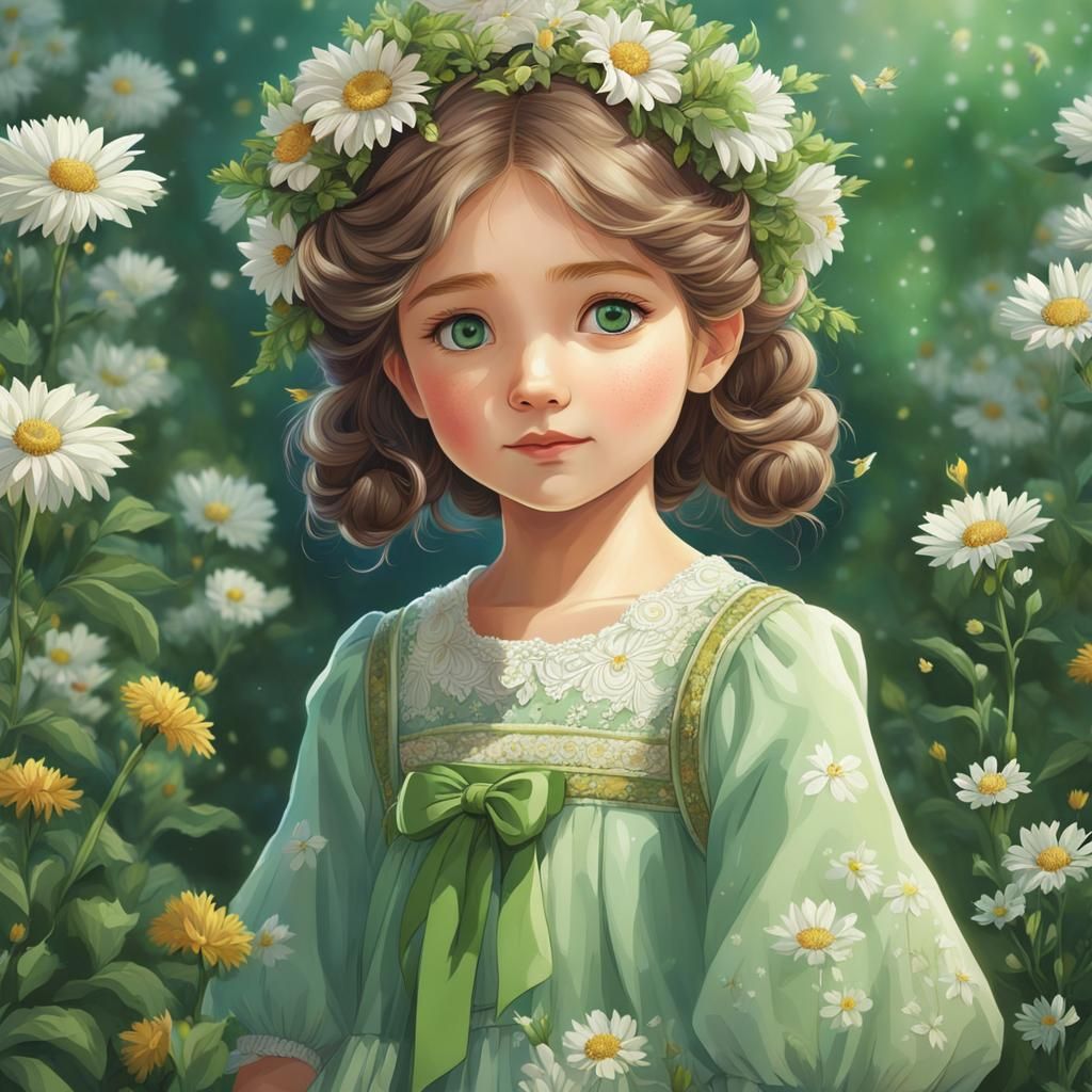 illustration of a young girl with green eyes and dresses, sh...