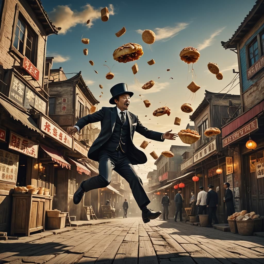 Jumping jack flash selling Chinese food in an old western town 