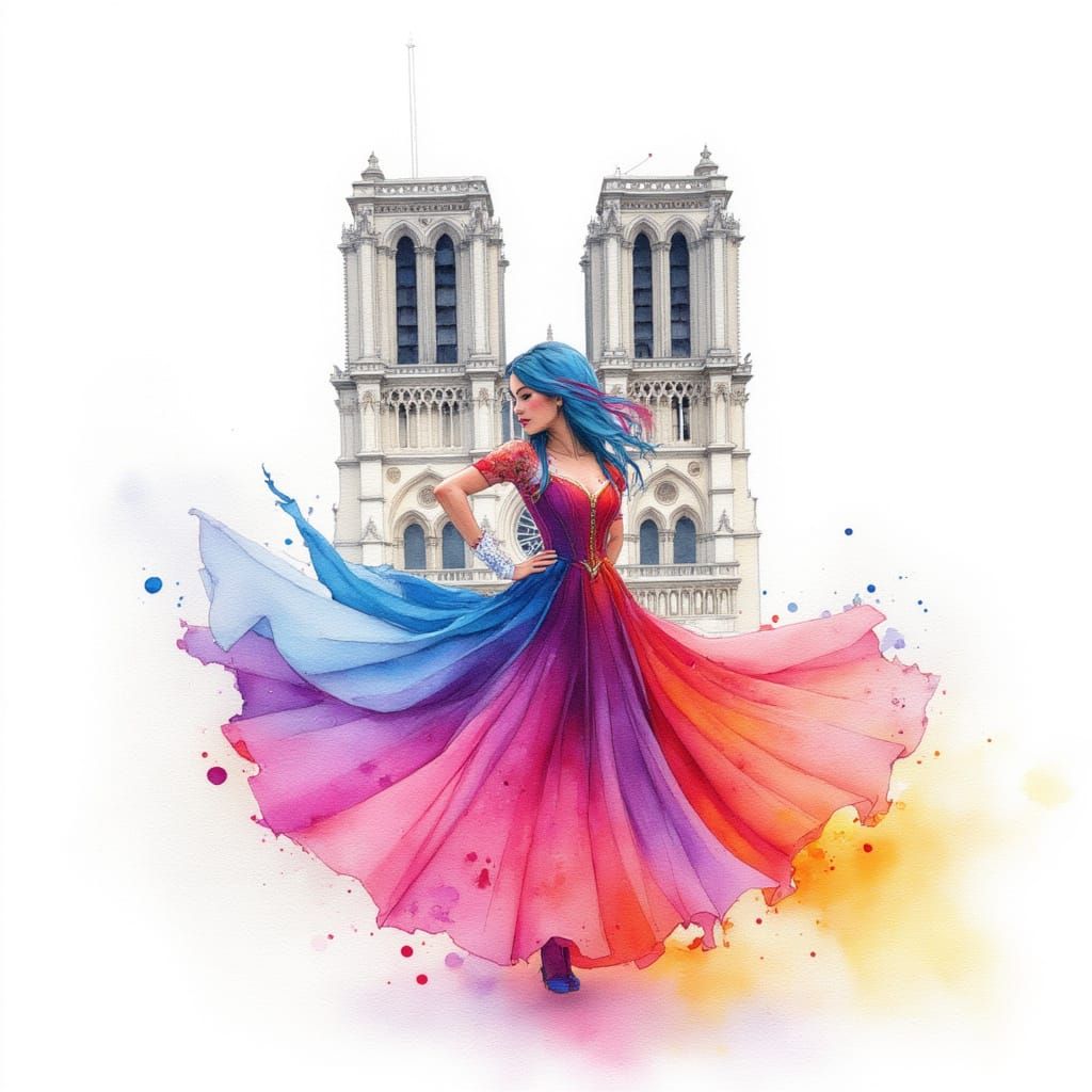 <lora:Watercolor on White:1.0>  Watercolor painting On White background, a beautiful portrait of Esmeralda, Bohemian dancer in colorful fest...