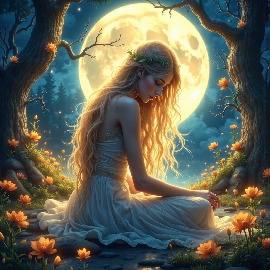 A hyperrealistic full body portrait of a pretty moon goddess with glowing abundant hair kneeling surrounded by magical petals and flowers in...