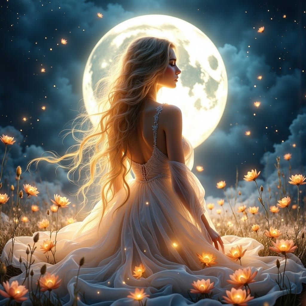 A hyperrealistic full body portrait of a pretty moon goddess with glowing abundant hair kneeling surrounded by magical petals and flowers in...