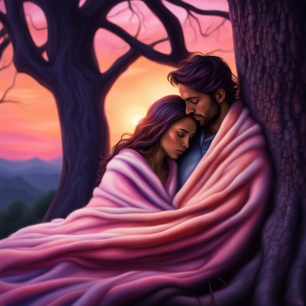 Snuggling Couple Under Tree at Colorful Sunset