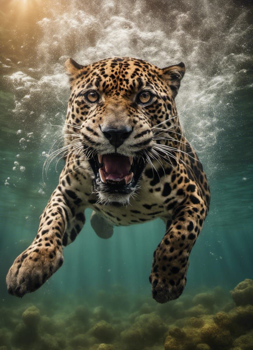 underwater photography captures incredible aquatic Obese jaguar diving through water to catch