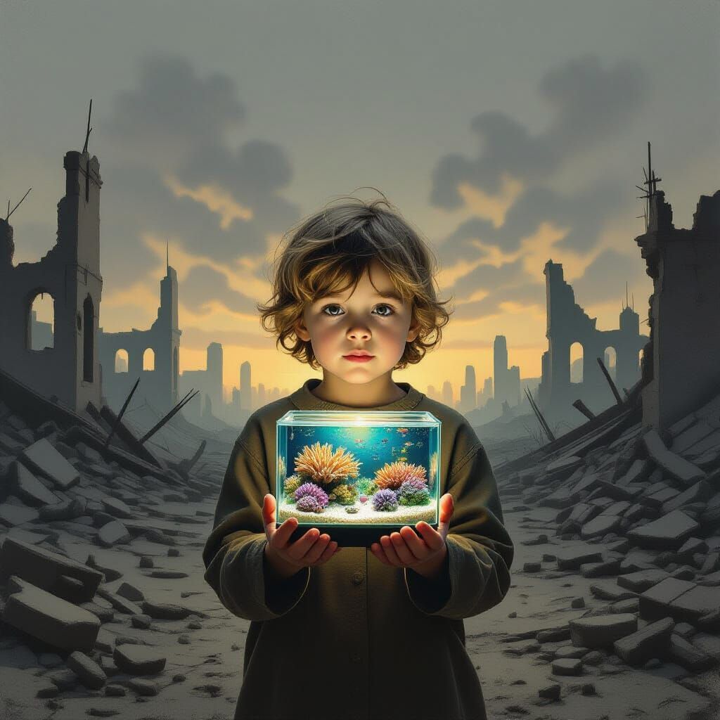 Child Holds Hopeful Aquarium in Ruined World