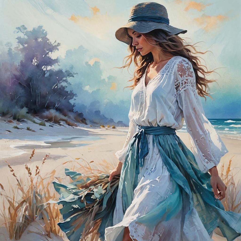 A boho-chic woman with sun-kissed skin, wearing a flowing wh...