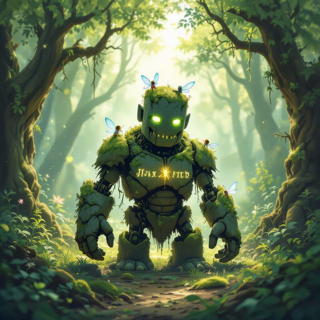 An ancient, moss-covered stone golem awakens in a sun-dappled enchanted forest clearing. Tiny sprites with luminous wings flit around its he...