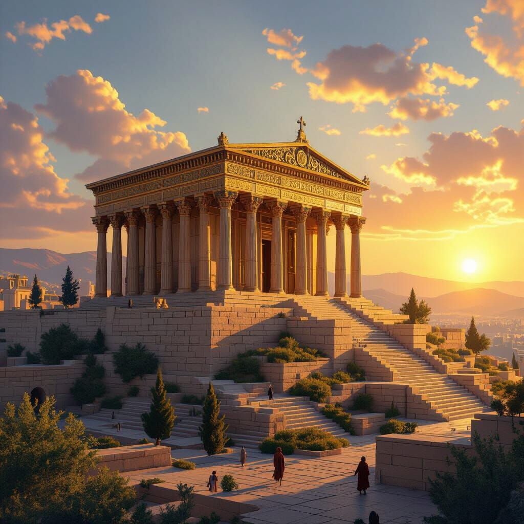 Majestic First Temple Illustration at Sunrise