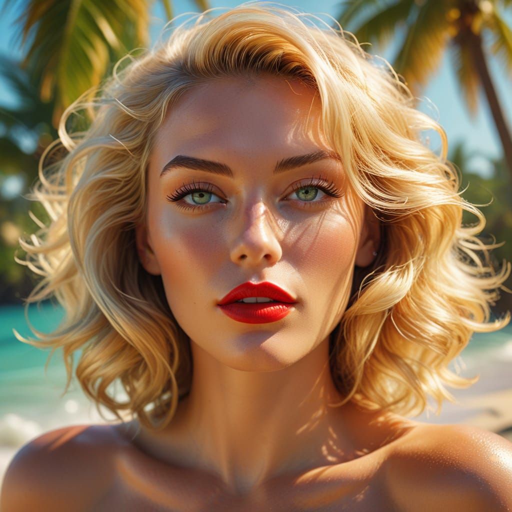 Hyper-realistic digital art. Close-up. Blonde bombshell with red lips sunbathes on a tropical beach. She wears a white bikini and sunglasses...