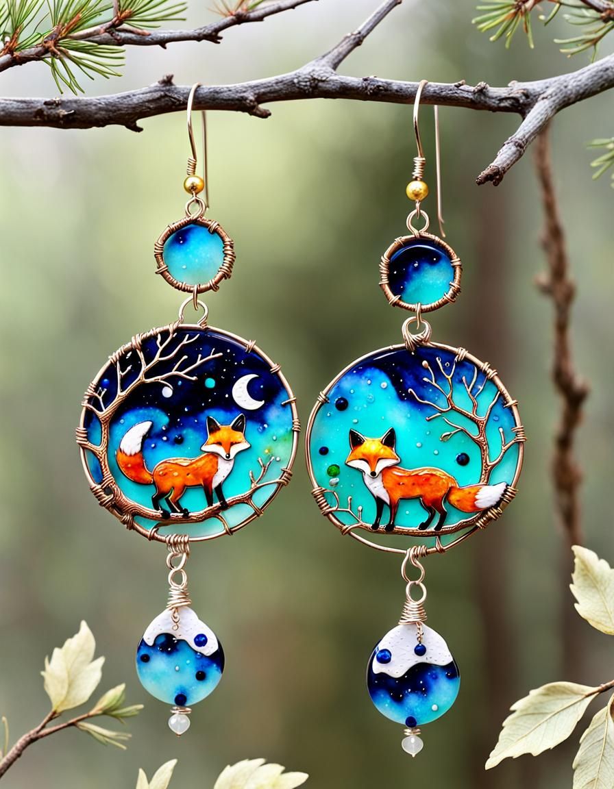 Enamel Moon Earrings with Alcohol Ink Foxes