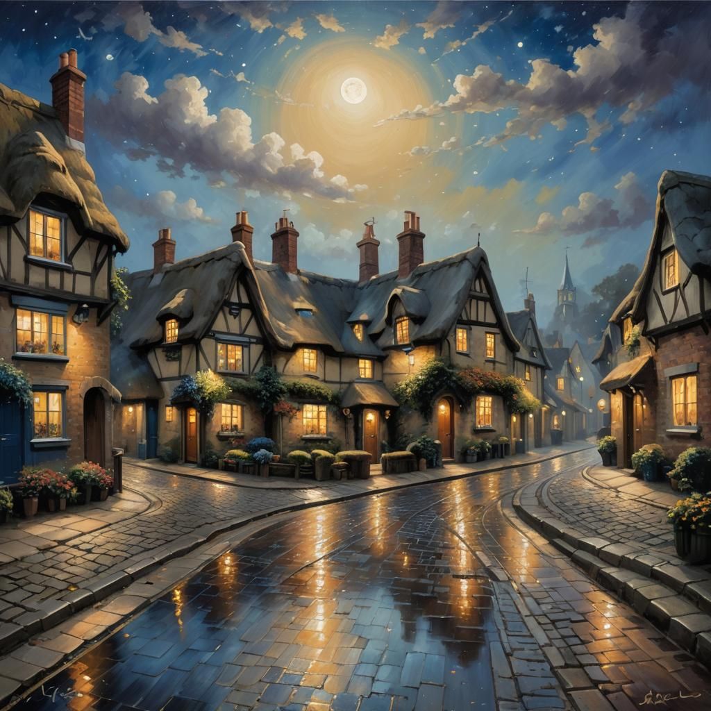 Nighttime English Street Scene in Oil Painting Style
