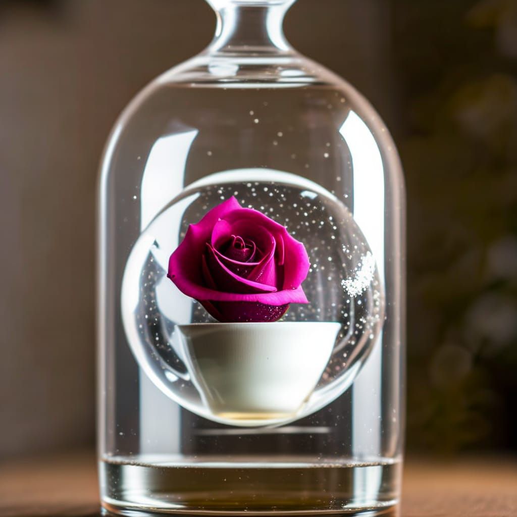 A rose in a cup in a crystal ball in a bottle