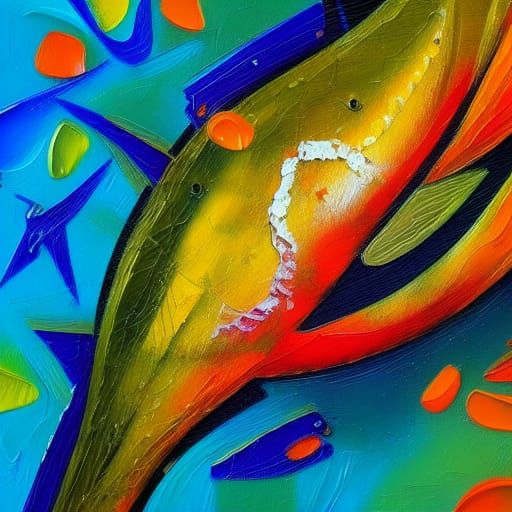 Fish, semi-abstract impressionism, oil on canvas, wet on wet...