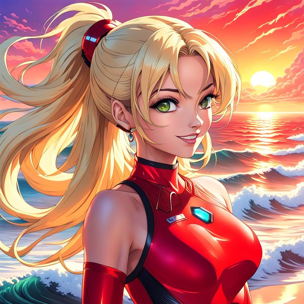 A very beautiful blonde woman in her early 40s. Fit, trim waist, well-toned and well-defined muscles, long hair tied into a ponytail. She is...