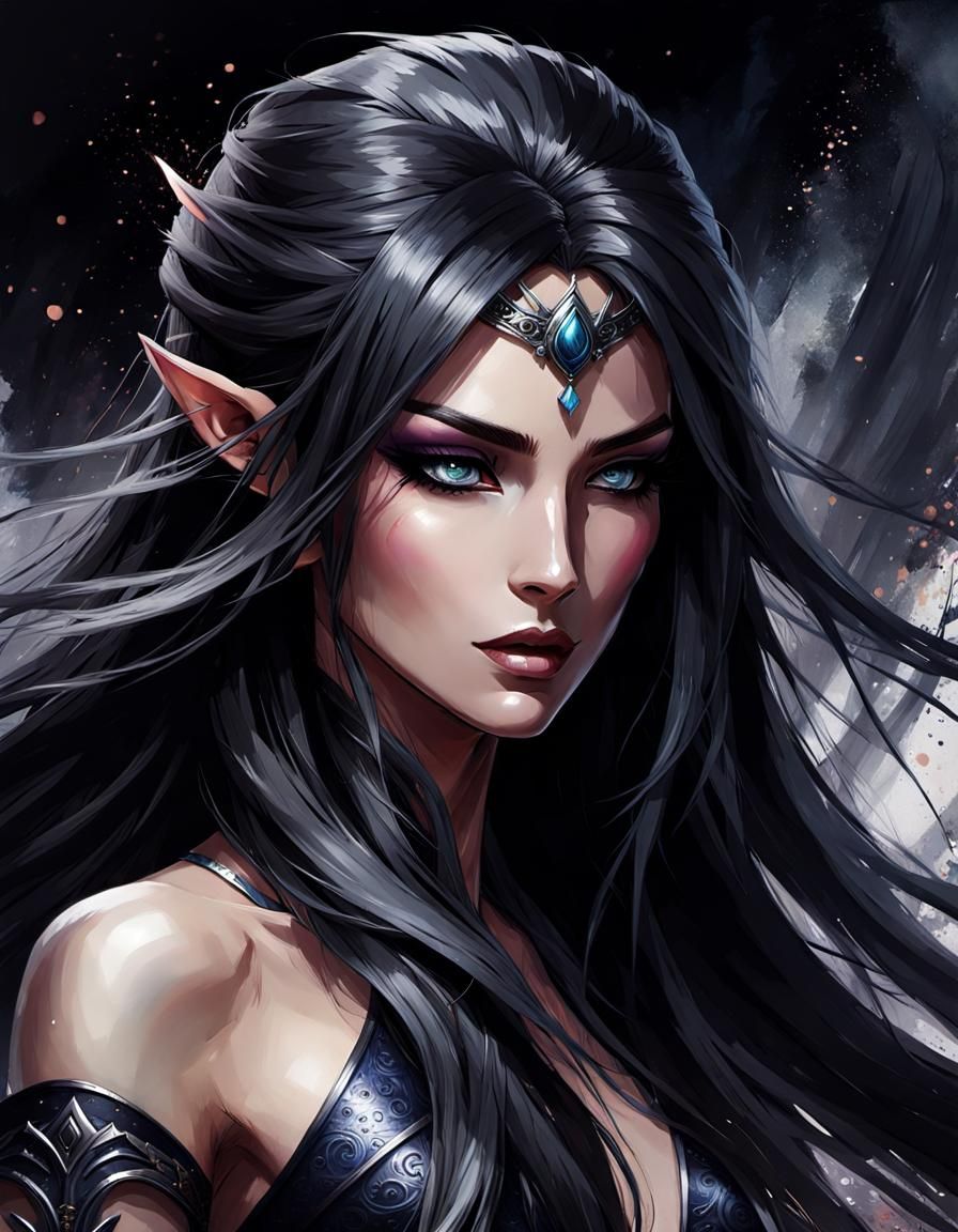 dark elf warrior, elegant features, lithe and athletic build, kind eyes ...