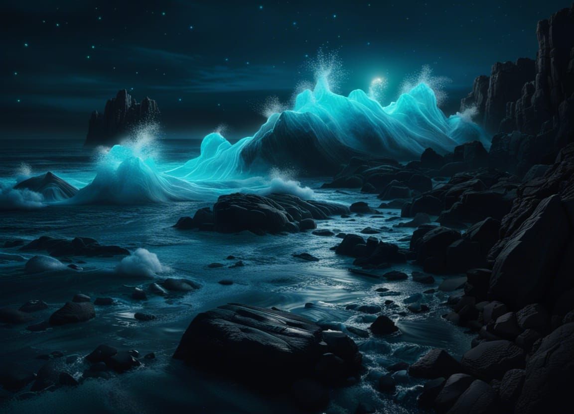 Glowing bioluminescent waves at night splashing against the ...