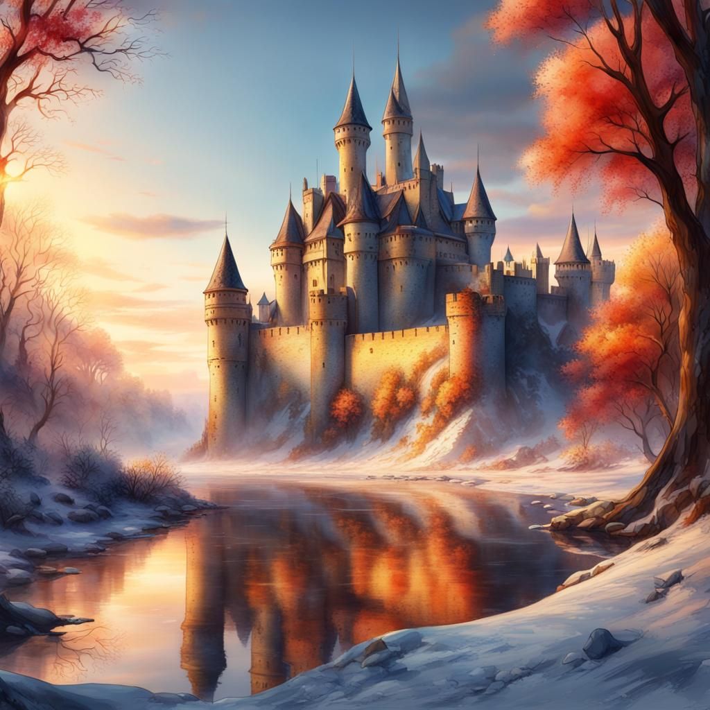 A watercolour castle in winter