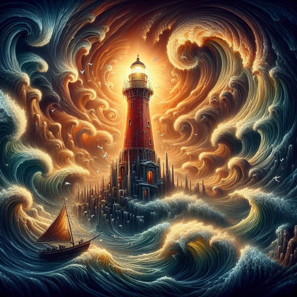 a lighthouse surrounded by waves