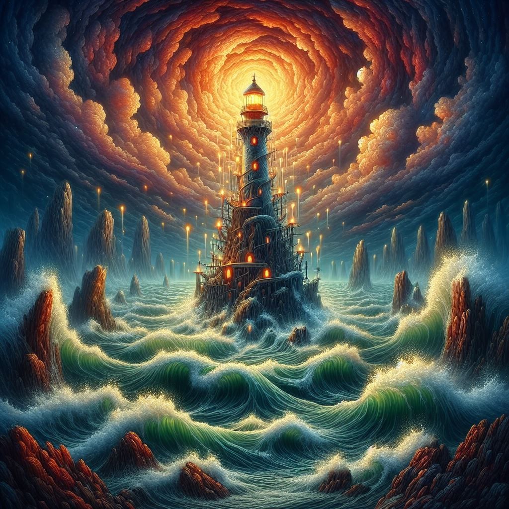 a lighthouse surrounded by waves