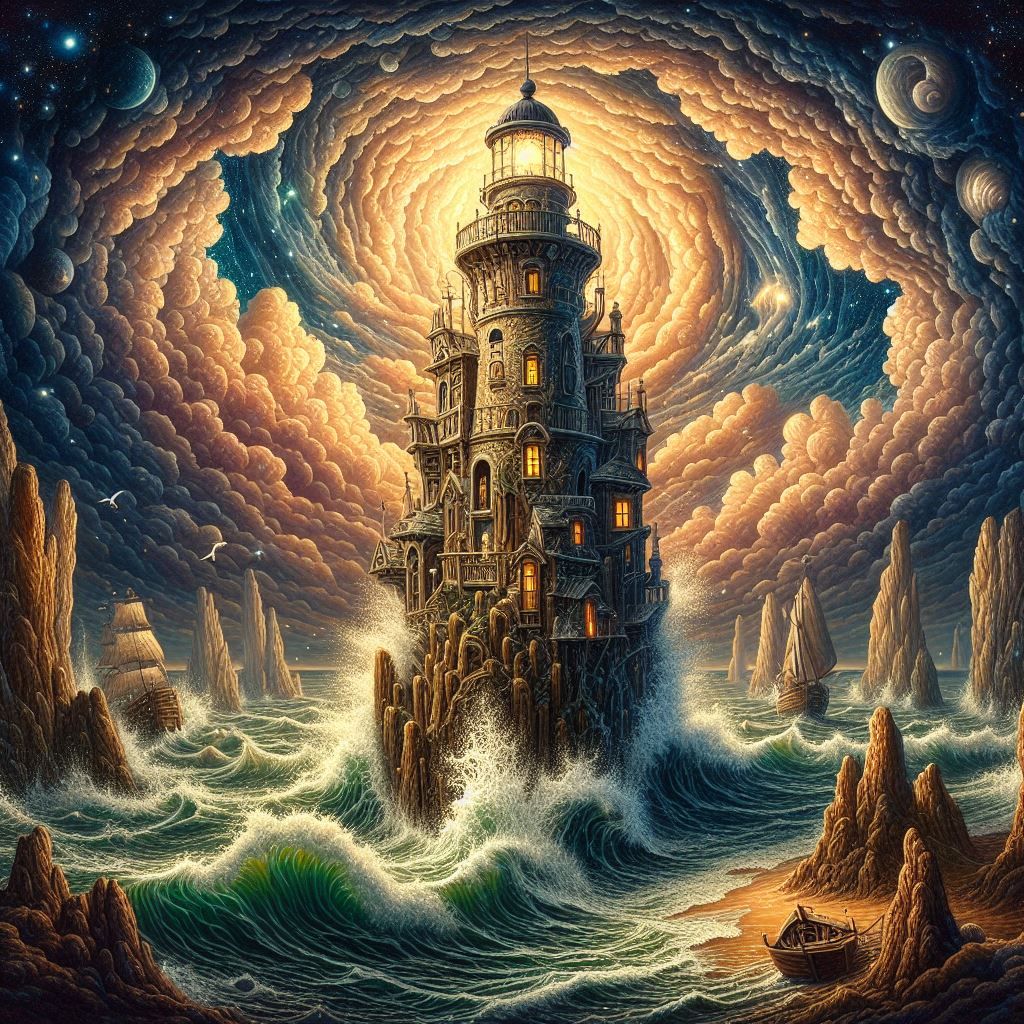 a lighthouse surrounded by waves