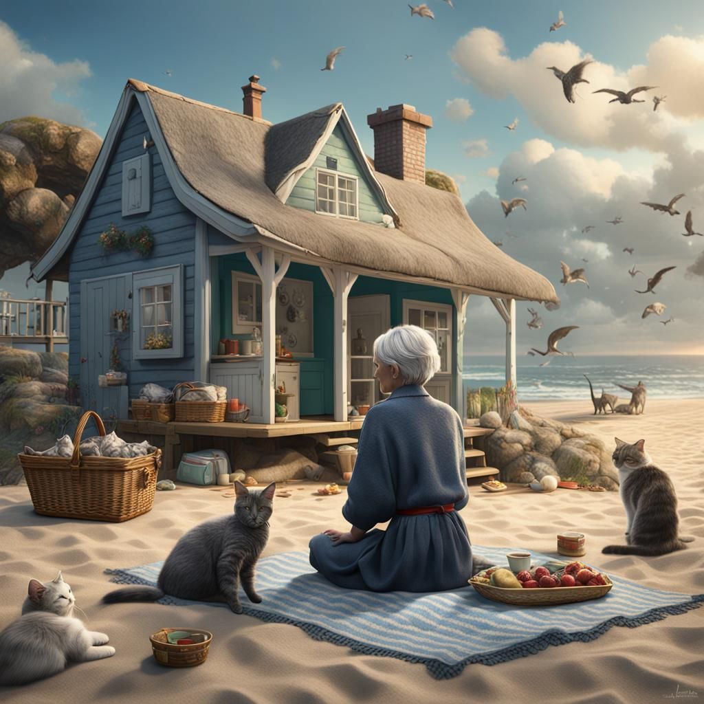 lady with short grey hair on a picnic blanket with cats in f...