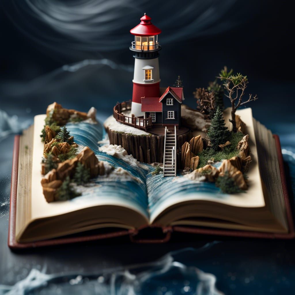 open book with a miniature lighthouse in the storm growing i...