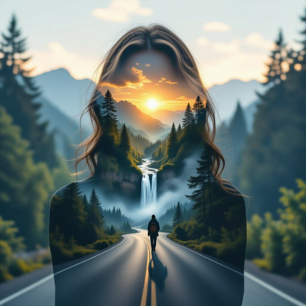 Surreal Double Exposure Woman Filled with Forest Landscape