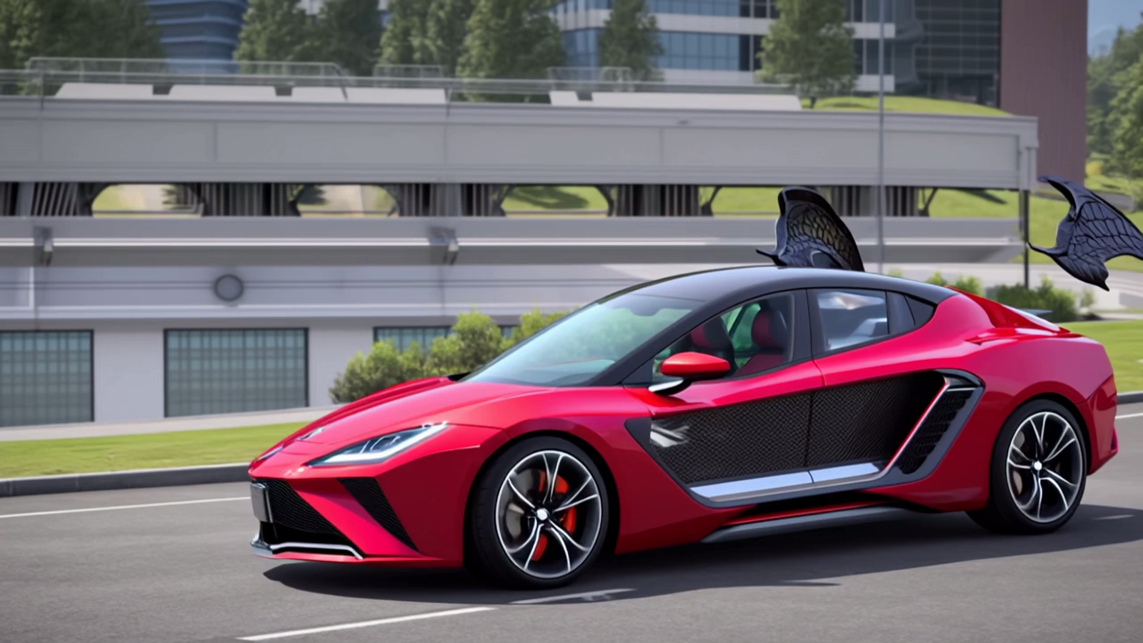 a red car flying made of dragon scales, with dragon wings on the sides ,can turn invisible, resistant to all kinds of da...