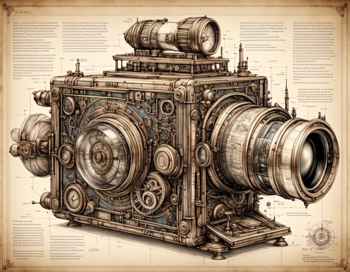 <lora:Construction:1.0> maximalism, blueprint_of_historic-stereo-camera with intrinsicallydetailed steampunk-ekements, da vinci-styled sketc...