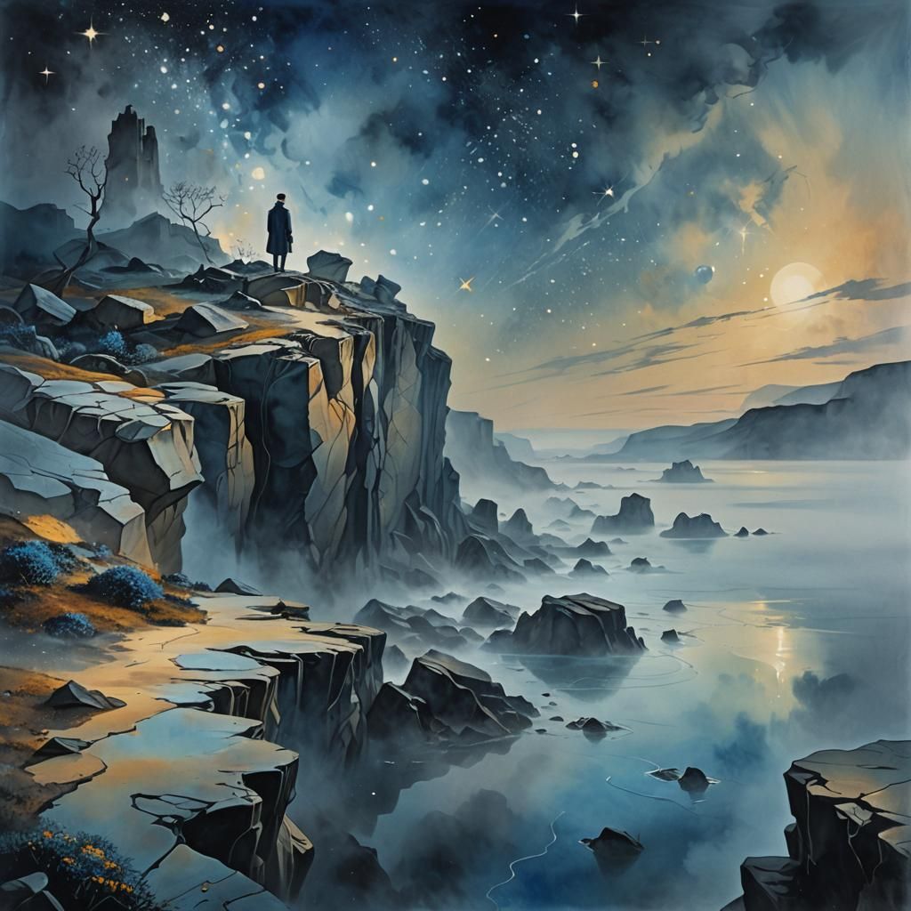 Surreal Figure on Foggy Cliff in Digital Watercolor