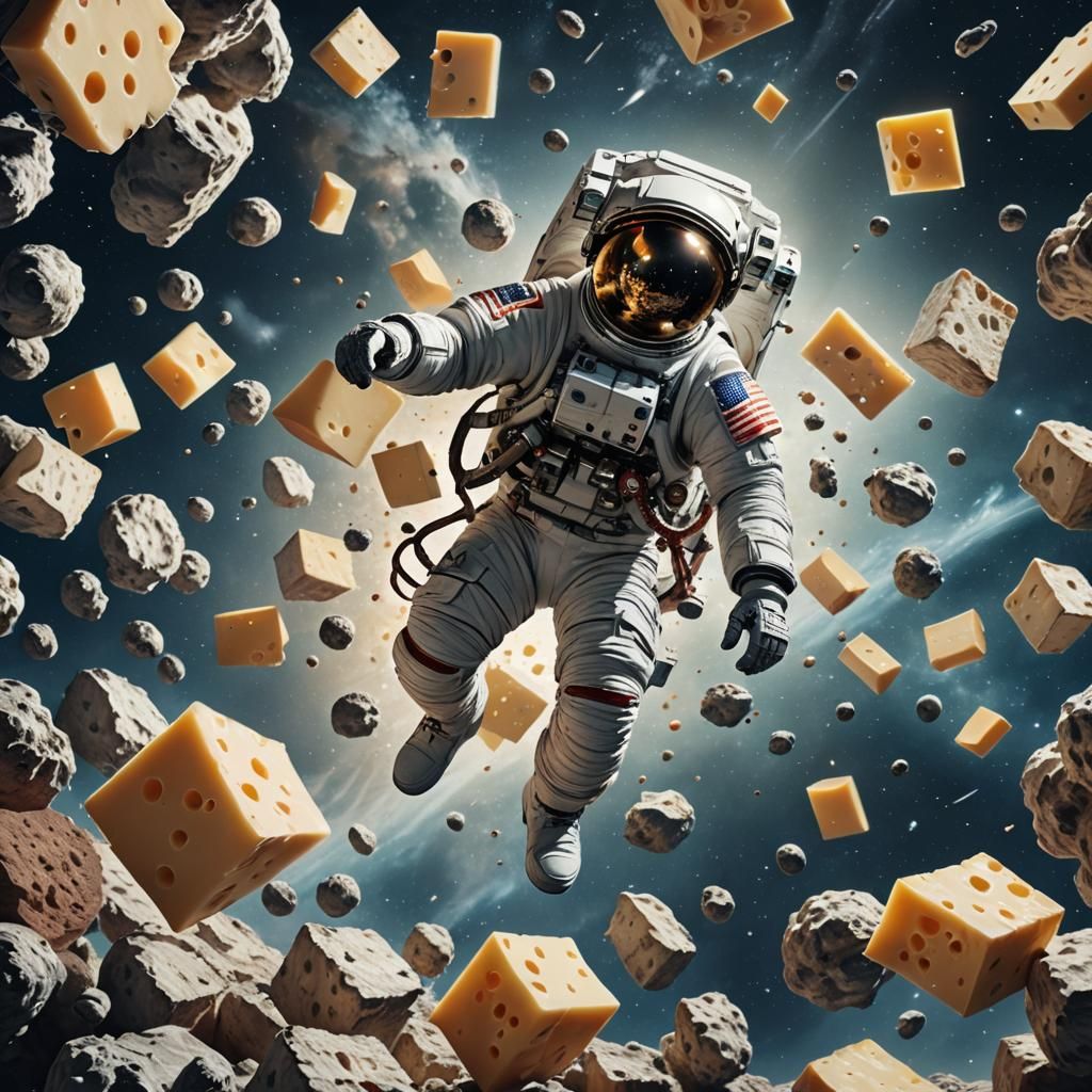 astronaut floating in space. before him is a giant piece of cheese