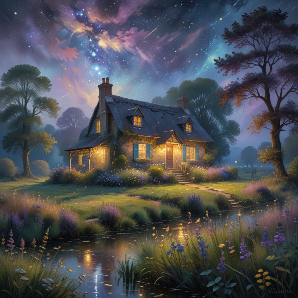 Whimsical Cottage Under Starry Night Sky