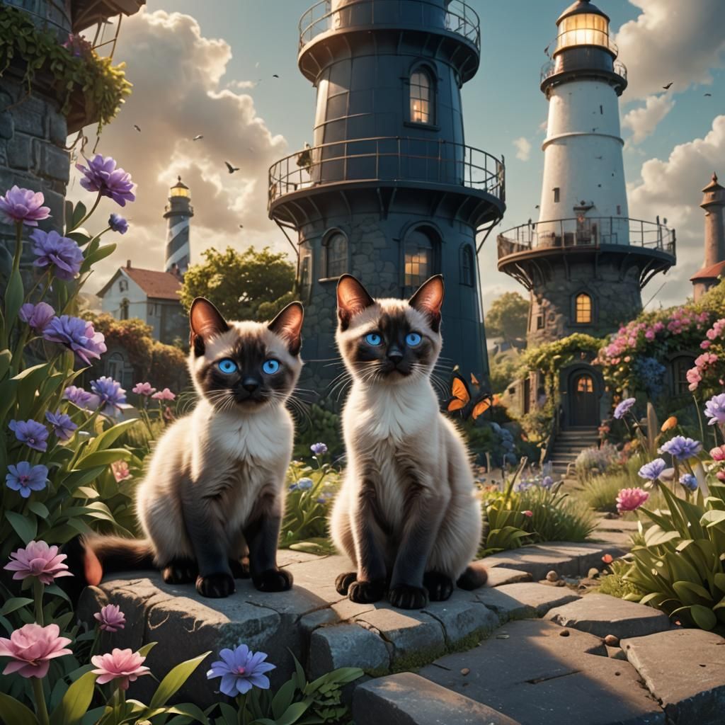 Siamese kittens in garden of a lighthouse