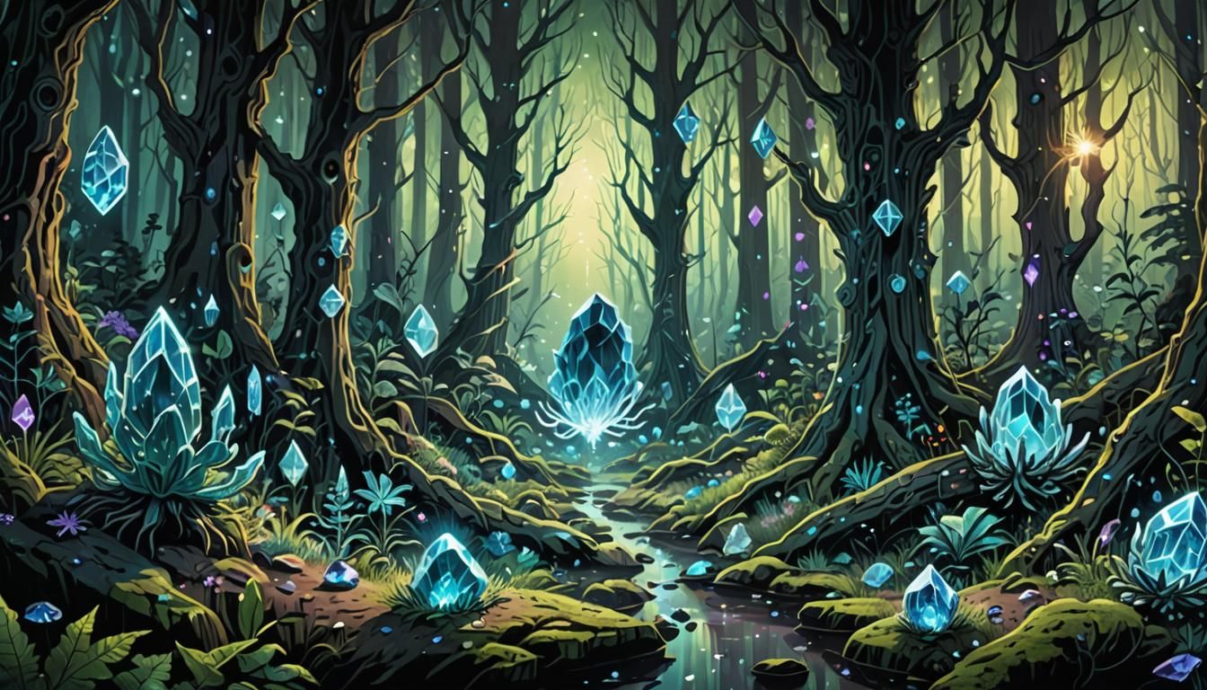 craine, spirit animal, crystals, forest scene, hyper-detaile...