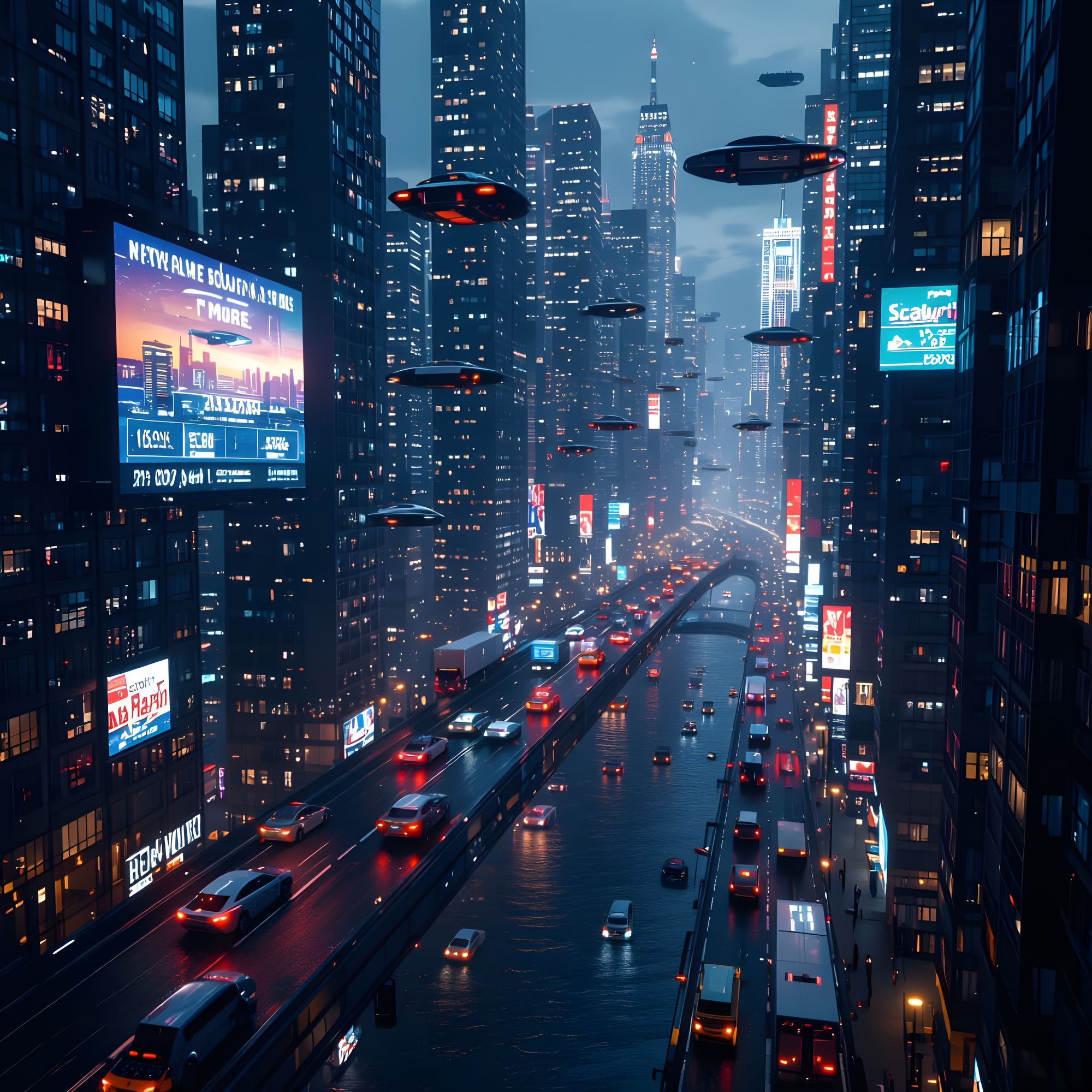 A rendering of what new York City will look like in 2150, including flying self driven cars,taxis,semi trucks, a highway which disappears in...