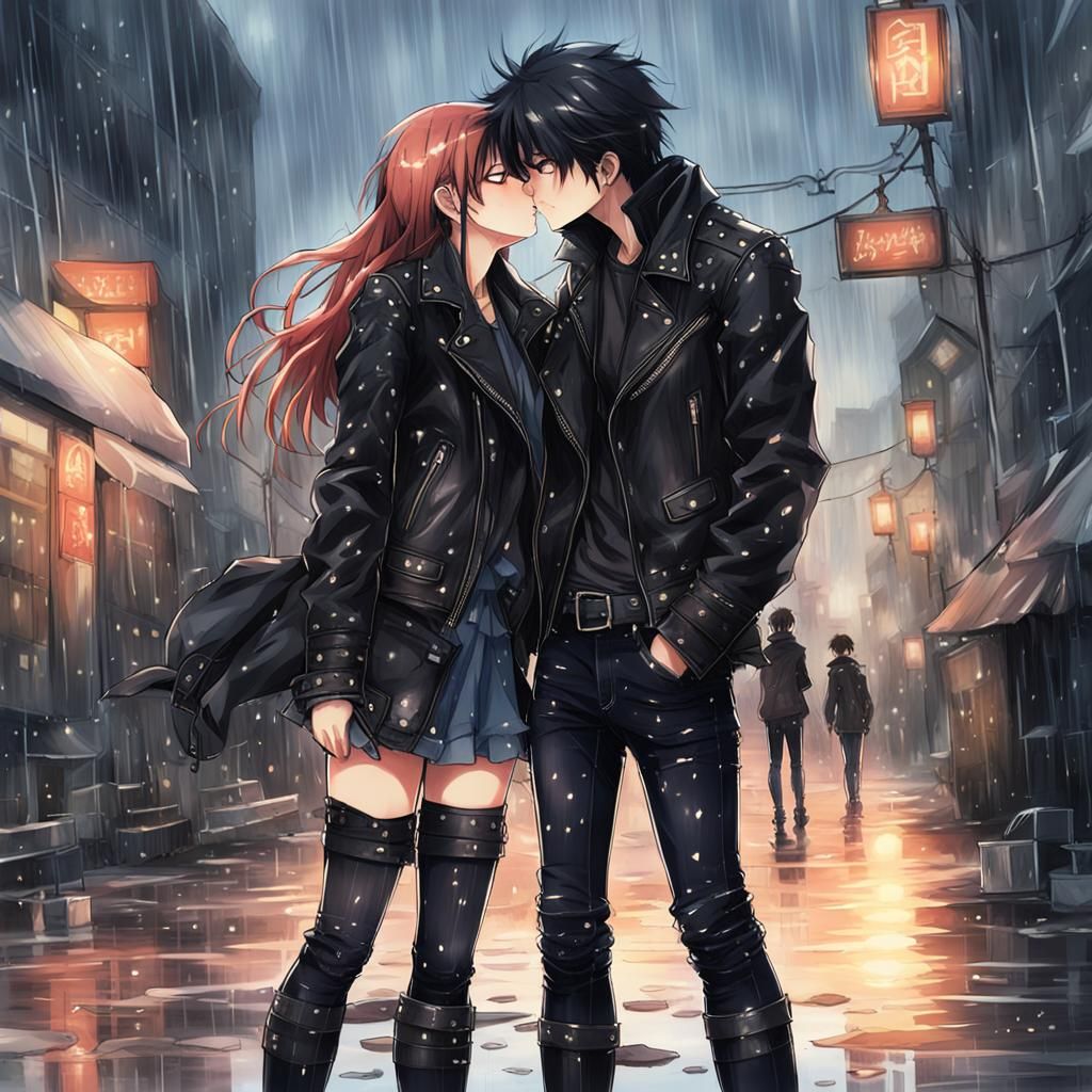 anime girl wearing all leather and leather boots  in the rai...