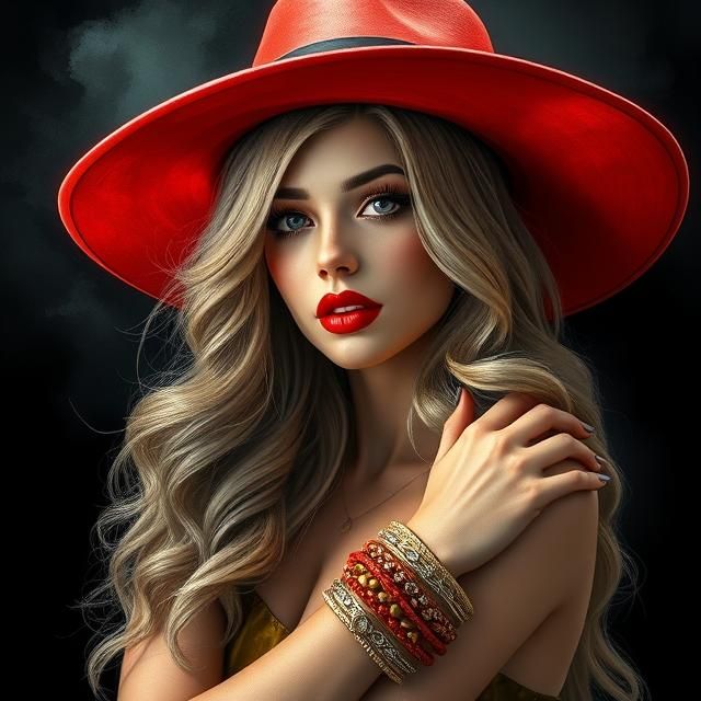 A sensuous woman with long wavy blonde hair and bright red l...