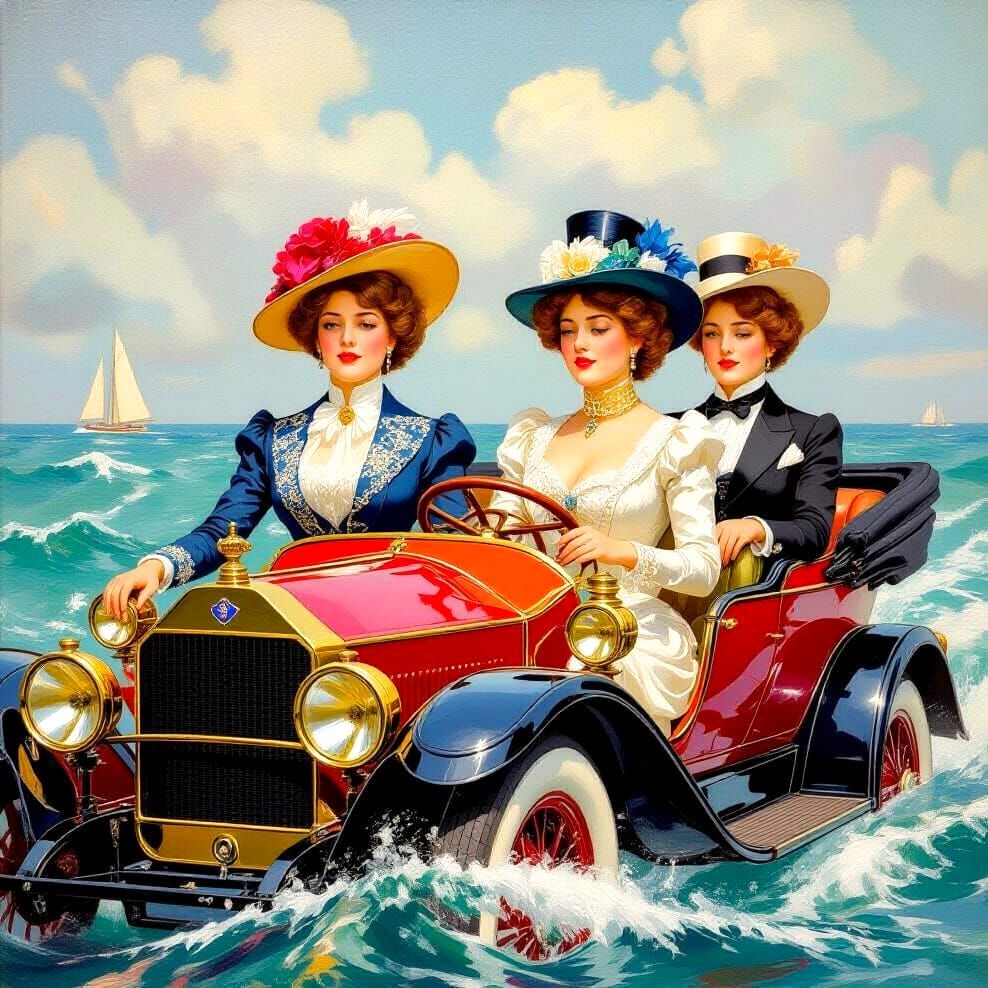 Elegant 1890s Ladies Afloat in Vivid Oil Painting
