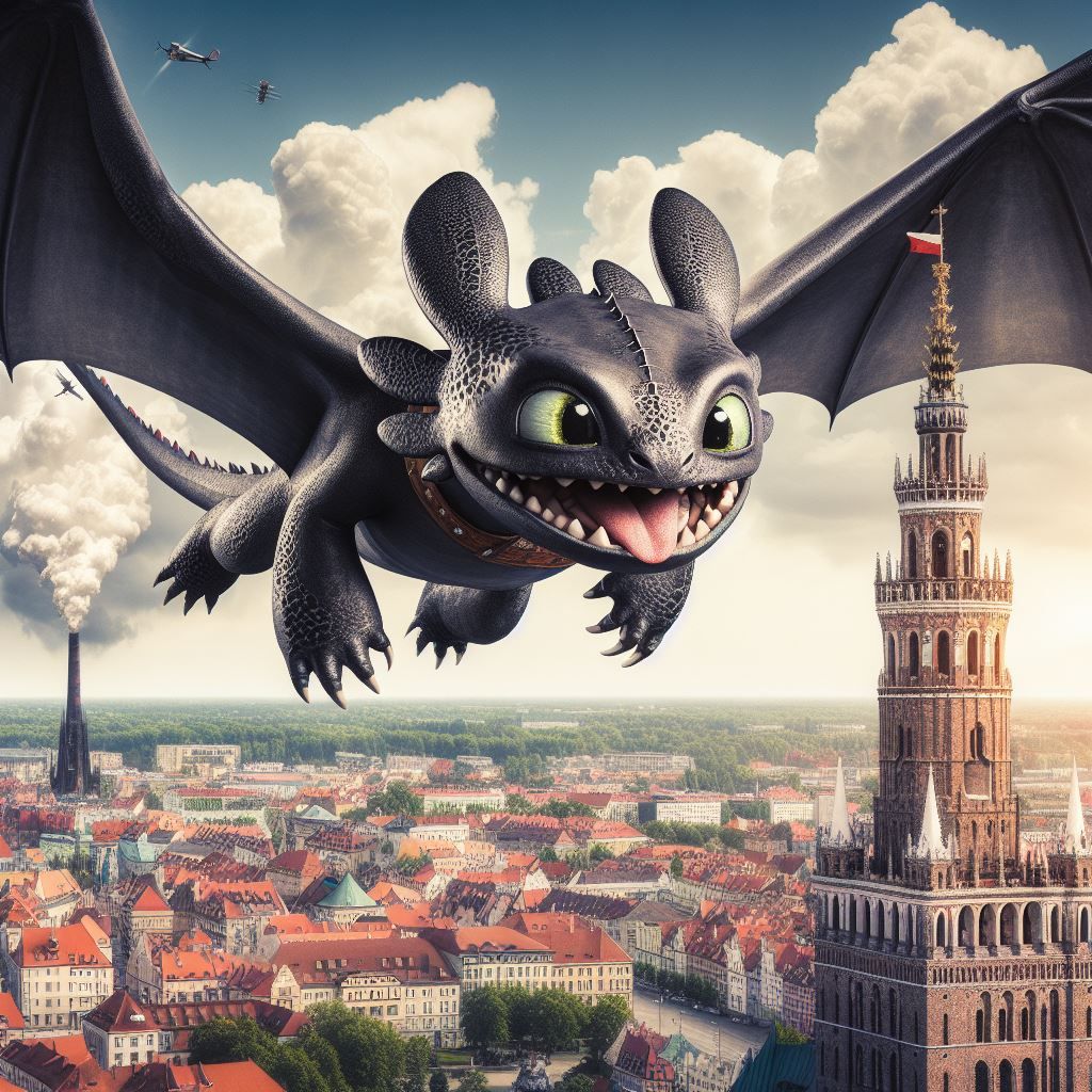 A dragon Toothless is flying over Poland.