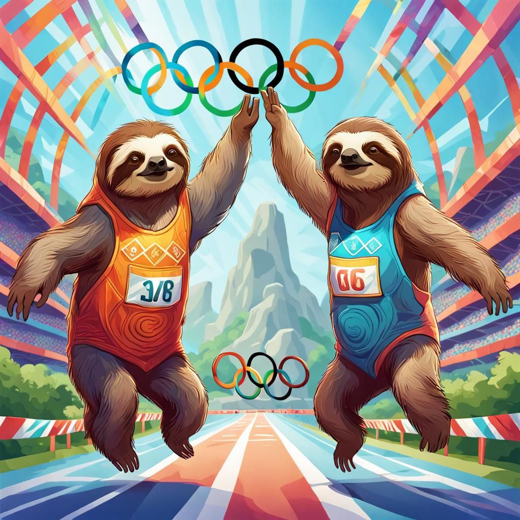 Two Sloth high-five to each other at the Olympic game while crossing the finish line.  by @Barrykiel