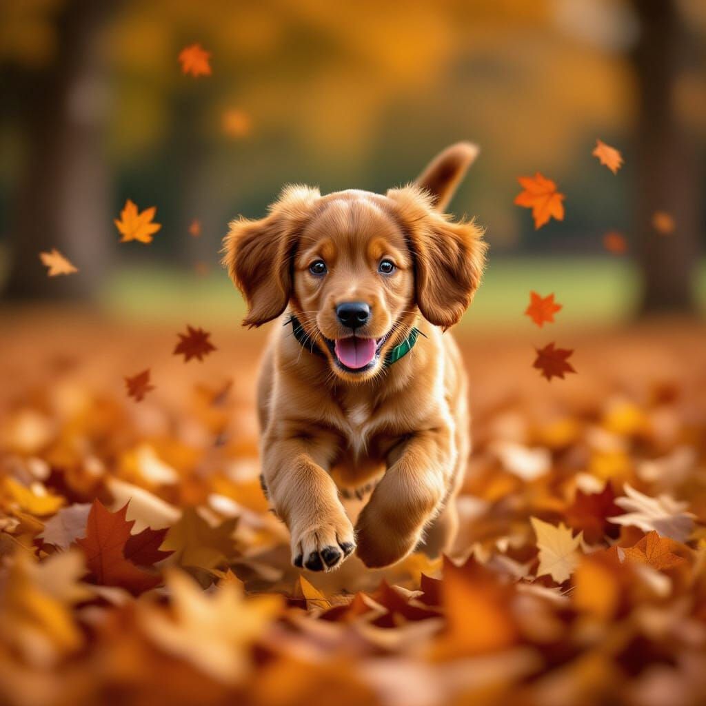 An Irish Setter puppy running through a yard full of rust colored leaves that have fallen off the trees ...  by @Dantonio