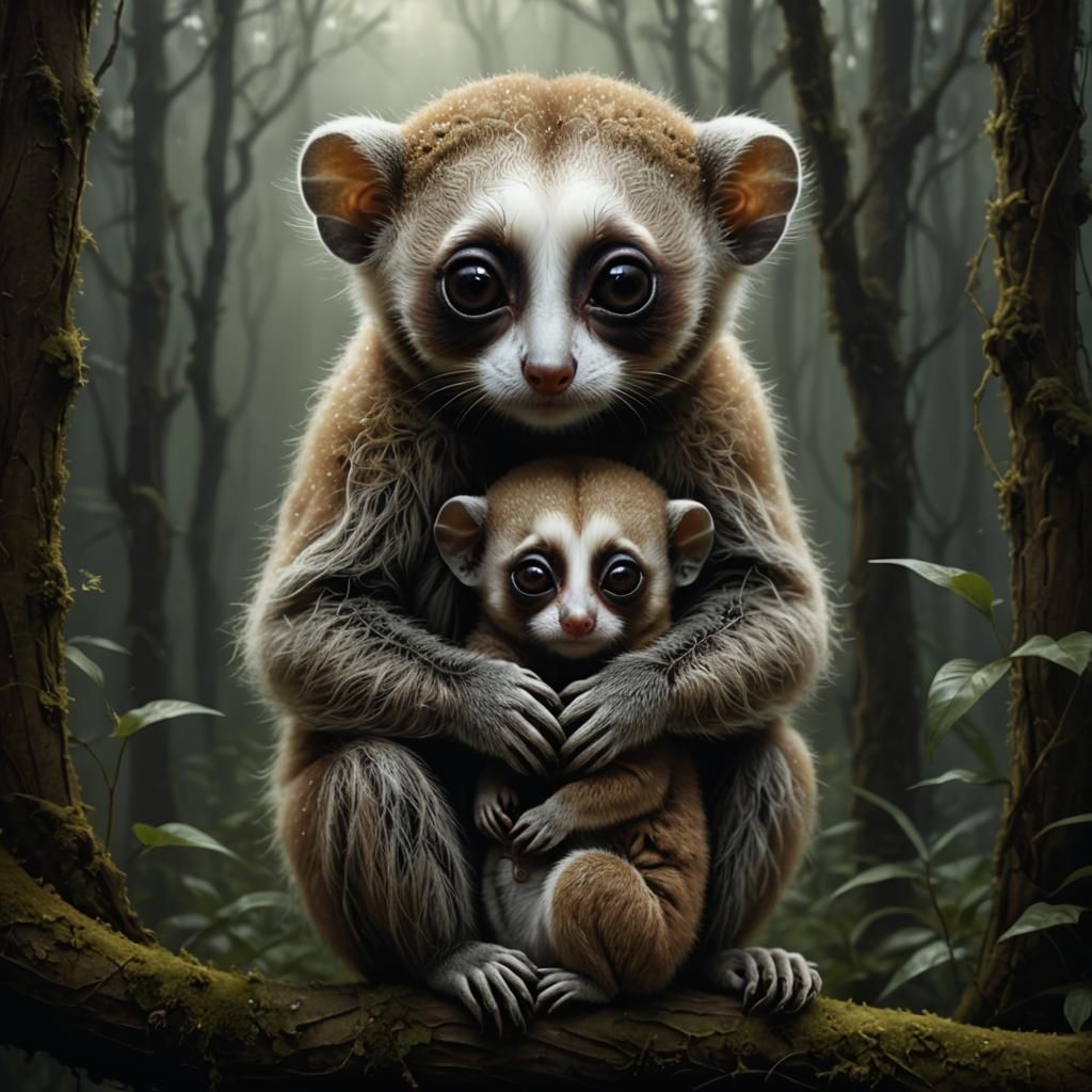 Baby Slow Loris embracing mother, surreal fantasy, 
brushstrokes, photo, Anton Semenov,  Jakub Rebelka, ...  by @AI Jungle