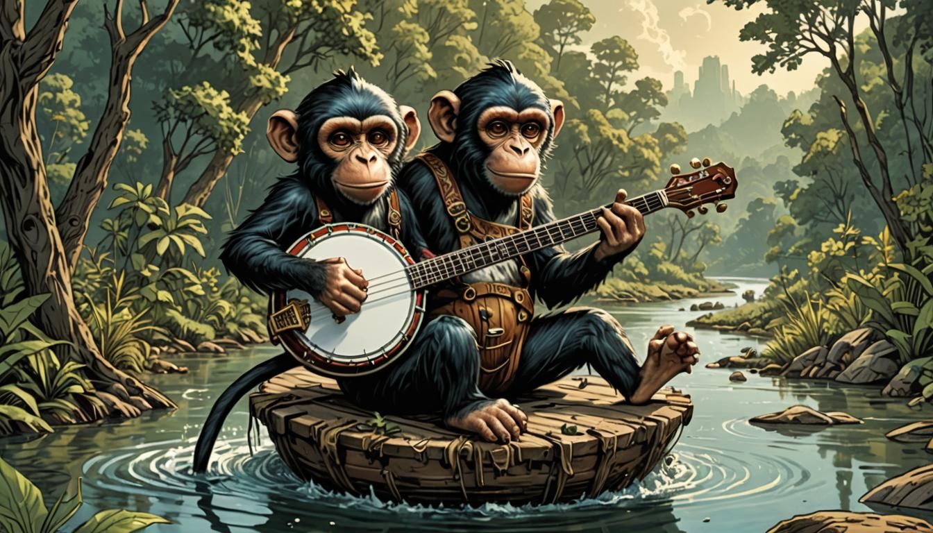 Two-headed monkey playing a banjo while sitting on a round raft ...