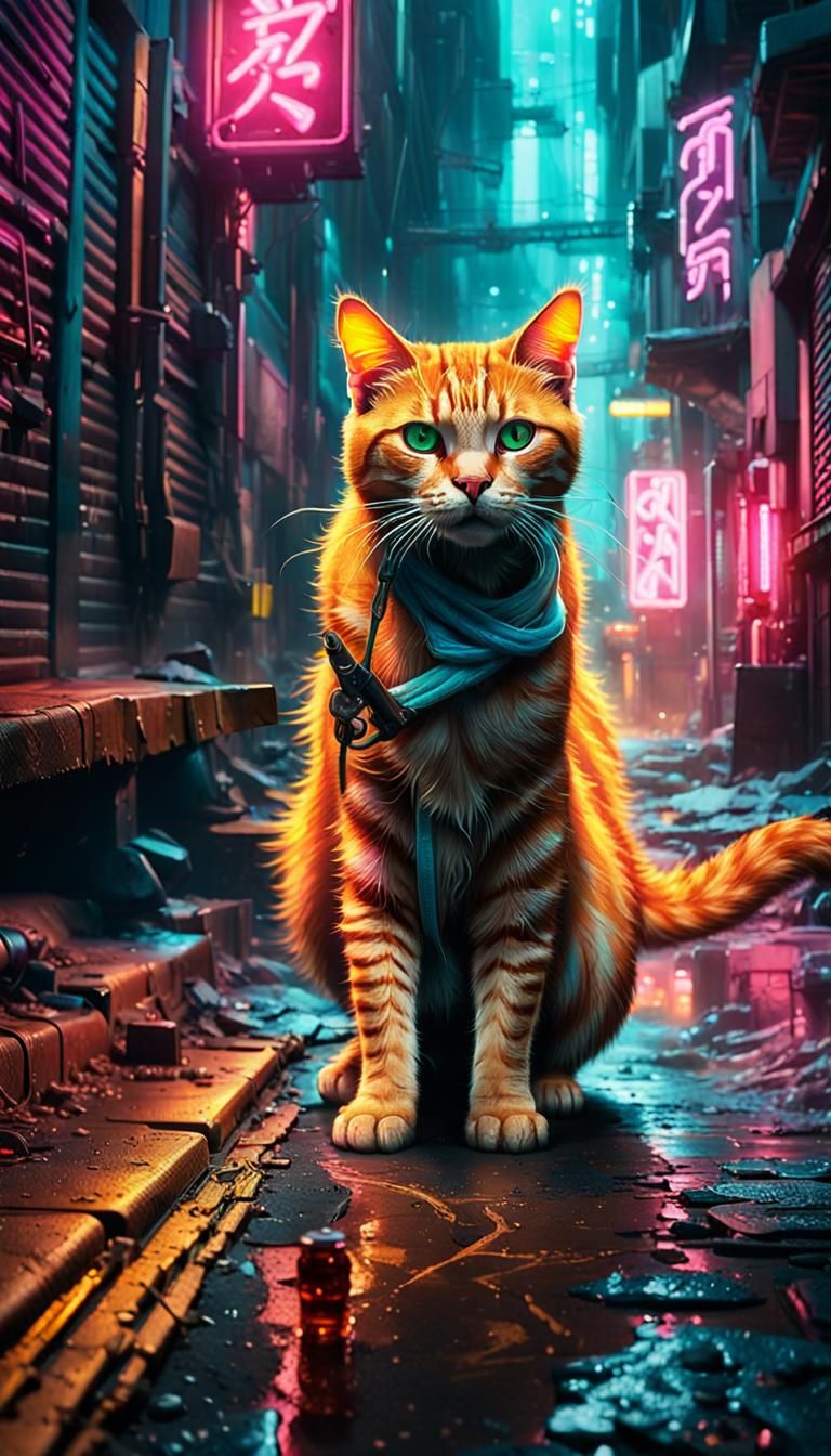 Stray ginger cat in an alley way cyberpunk 2099 blade runner...