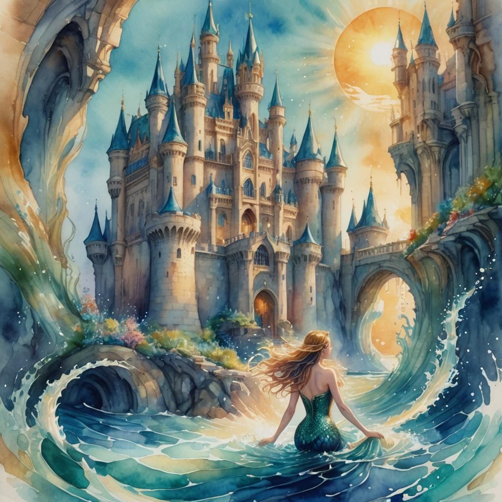 Mermaid Goddess Swimming to Underwater Castle Watercolor