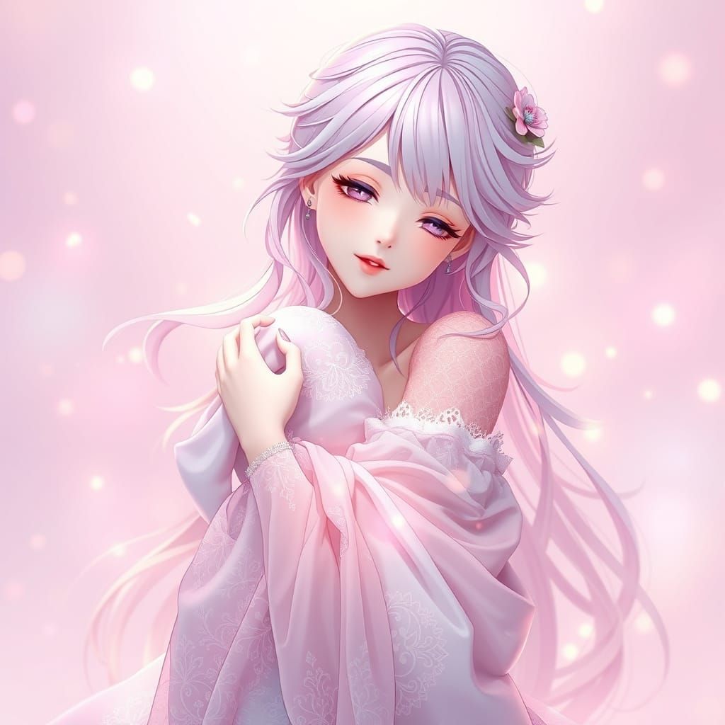 Anime Woman in Pastel Colors with Swirling Lights