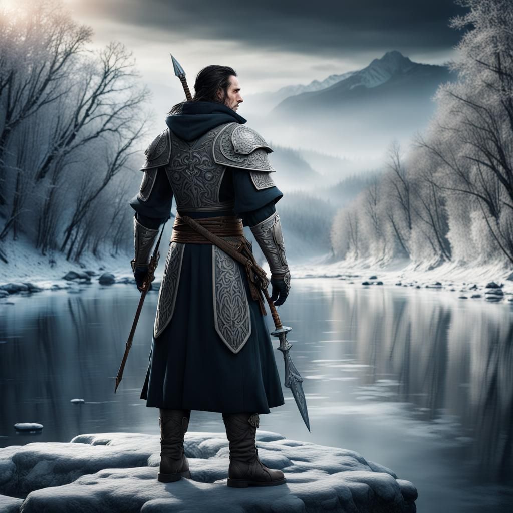 a fantasy mage warrior  stands in front of the winter rivers...